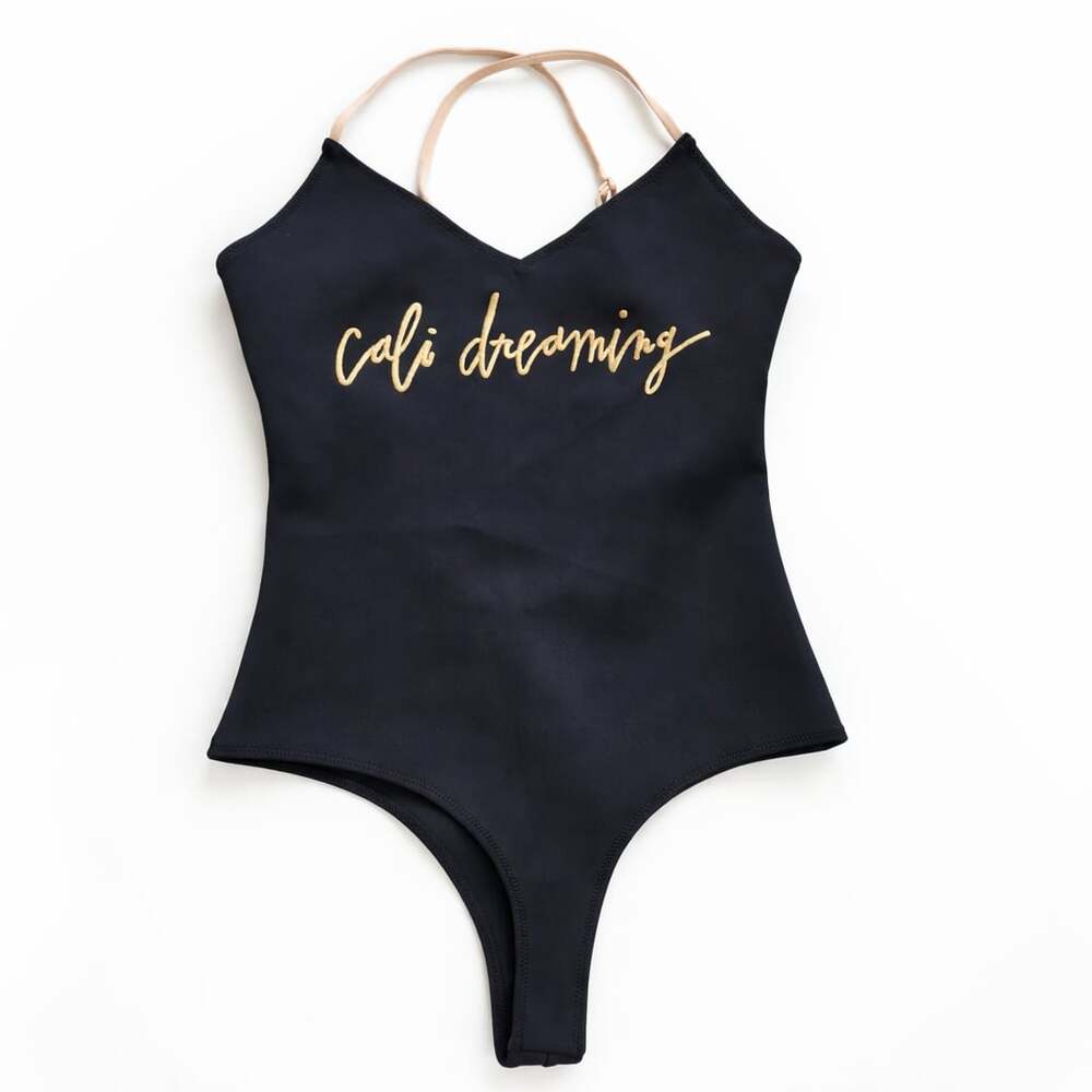 Cali‎ Dreaming Black V-Neck One Piece Swimsuit Gold Script Logo